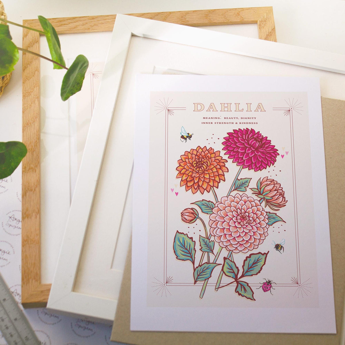 Dahlia Wall Art Print, Flower Meaning Illustration Print