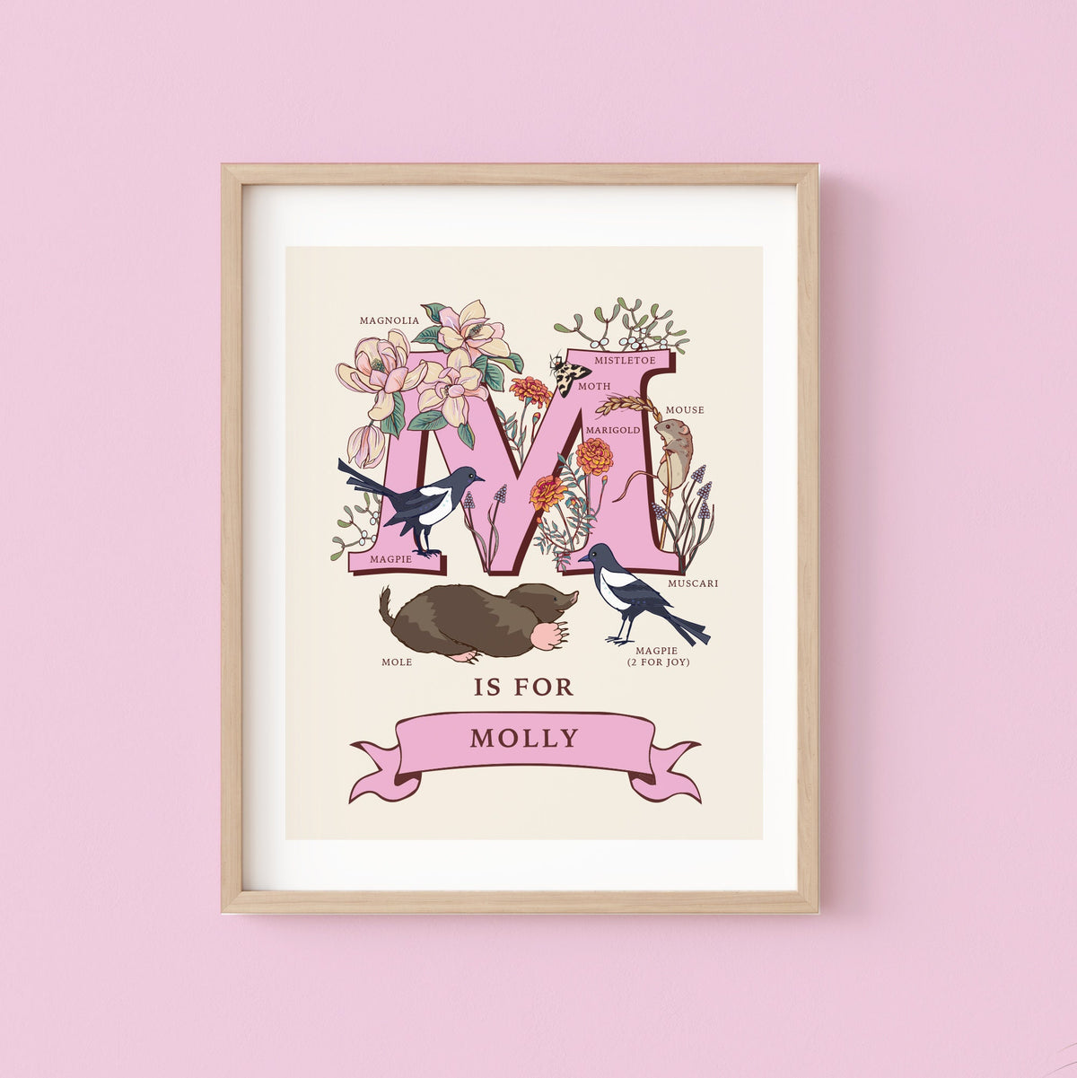 M - Personalised Letter M Print, Initial M Wall Art, Nature Guide Monogram Illustration