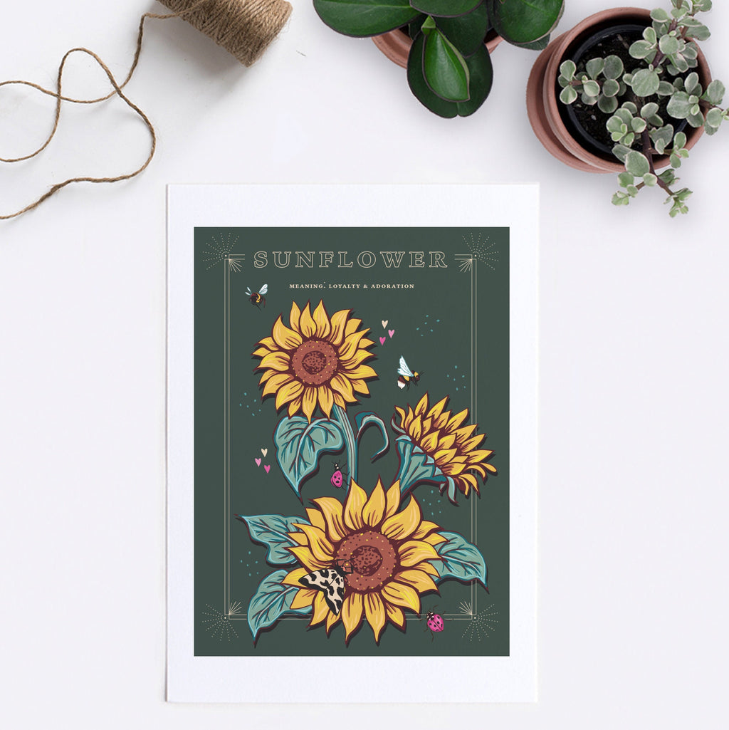 Sunflower Wall Art Print, Loyalty and Adoration Flower Illustration Print