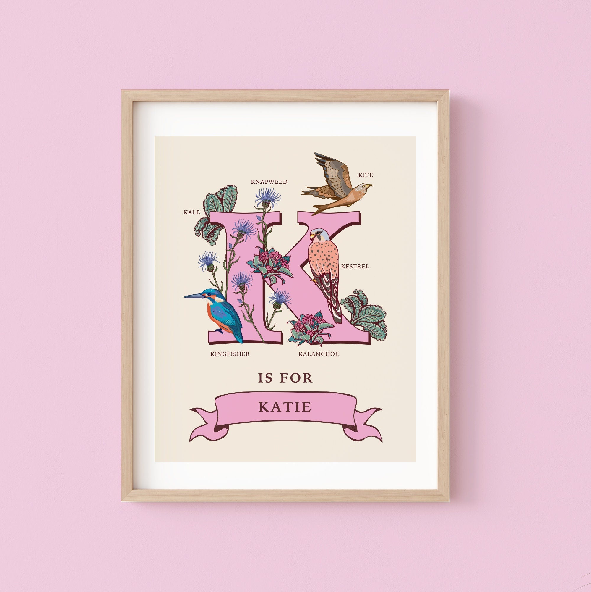 K - Personalised Letter K Print, Initial K Wall Art, Nature Guide Monogram Illustration