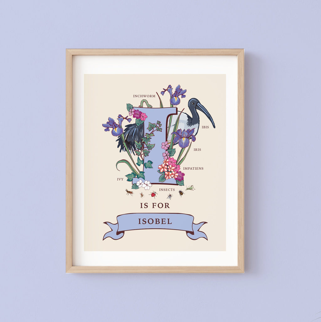 I - Personalised Letter I Print, Initial I Wall Art, Nature Guide Monogram Illustration