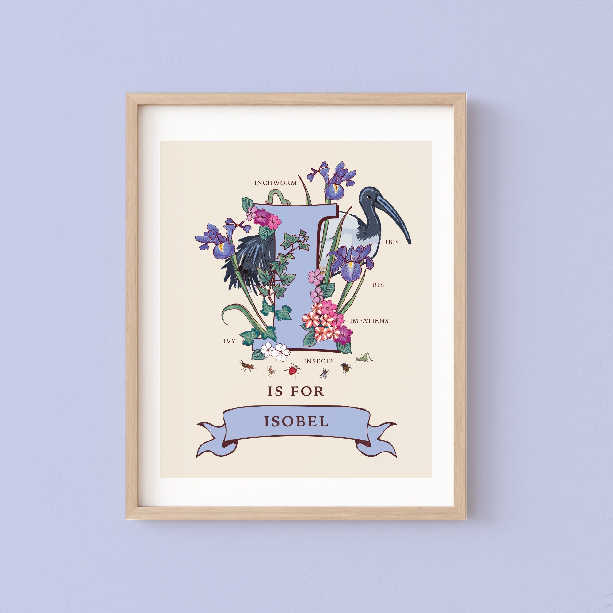 I - Personalised Letter I Print, Initial I Wall Art, Nature Guide Monogram Illustration