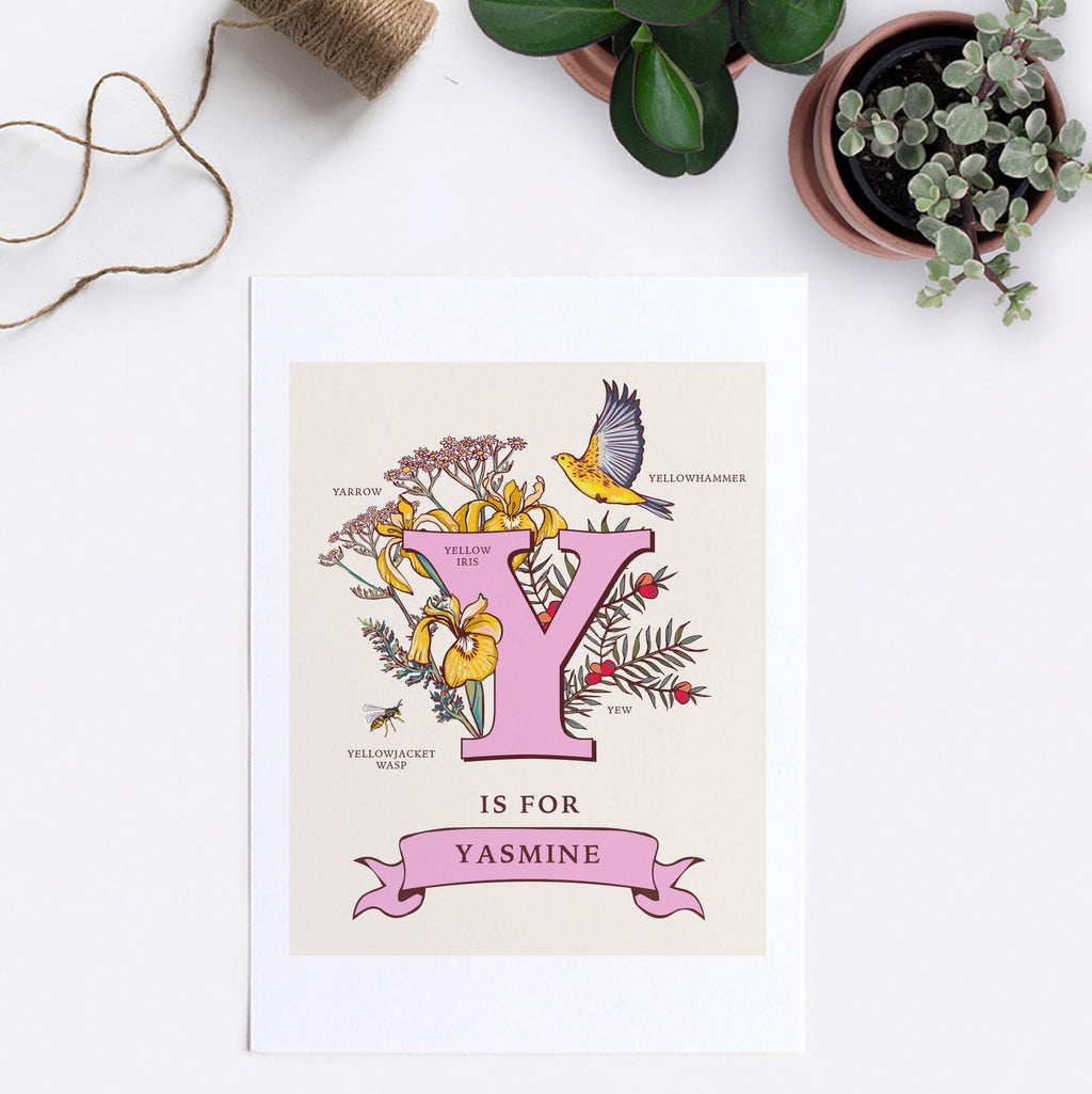 Y - Personalised Letter Y Print, Initial Y Wall Art, Nature Guide Monogram Illustration