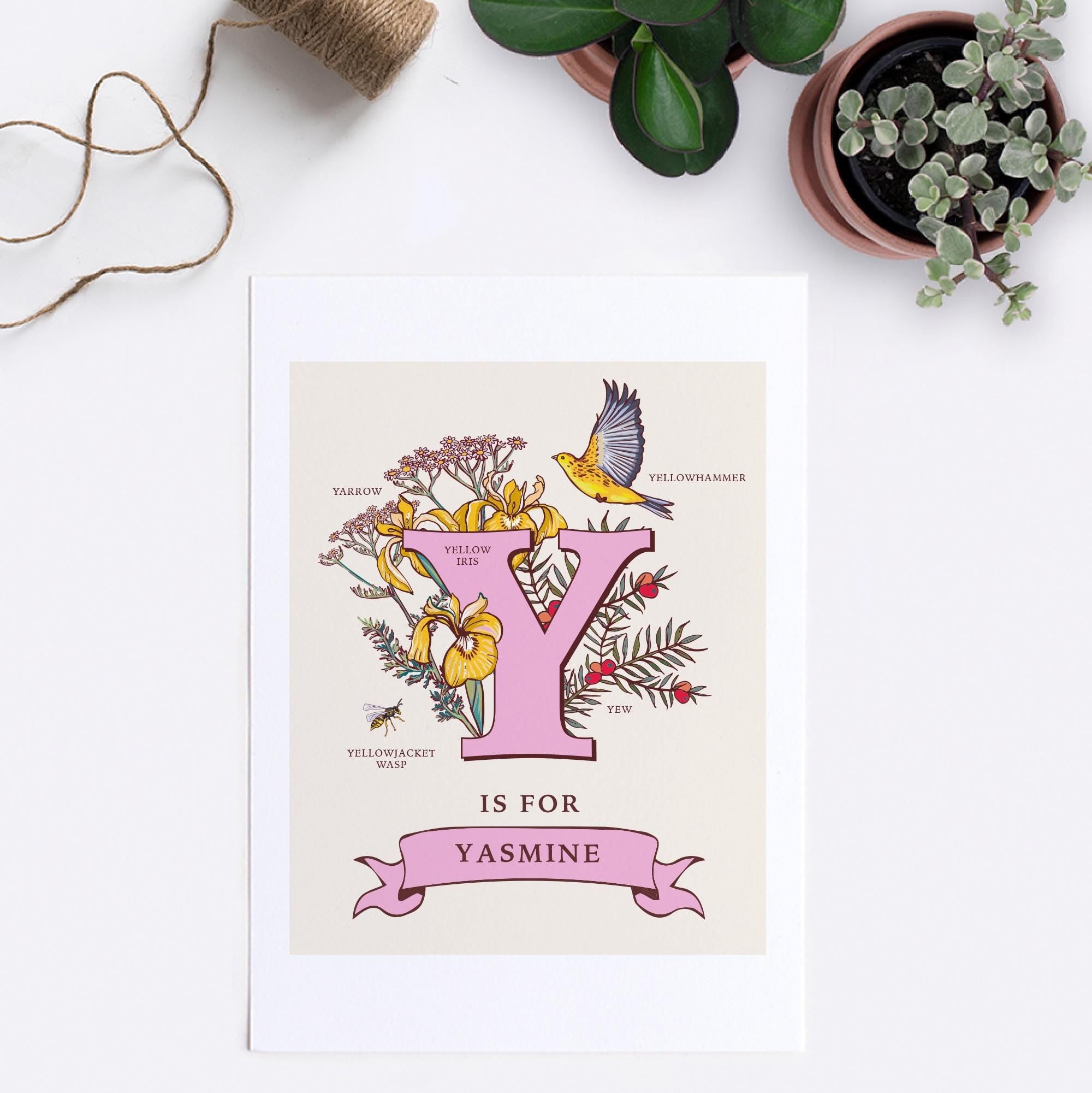 Y - Personalised Letter Y Print, Initial Y Wall Art, Nature Guide Monogram Illustration